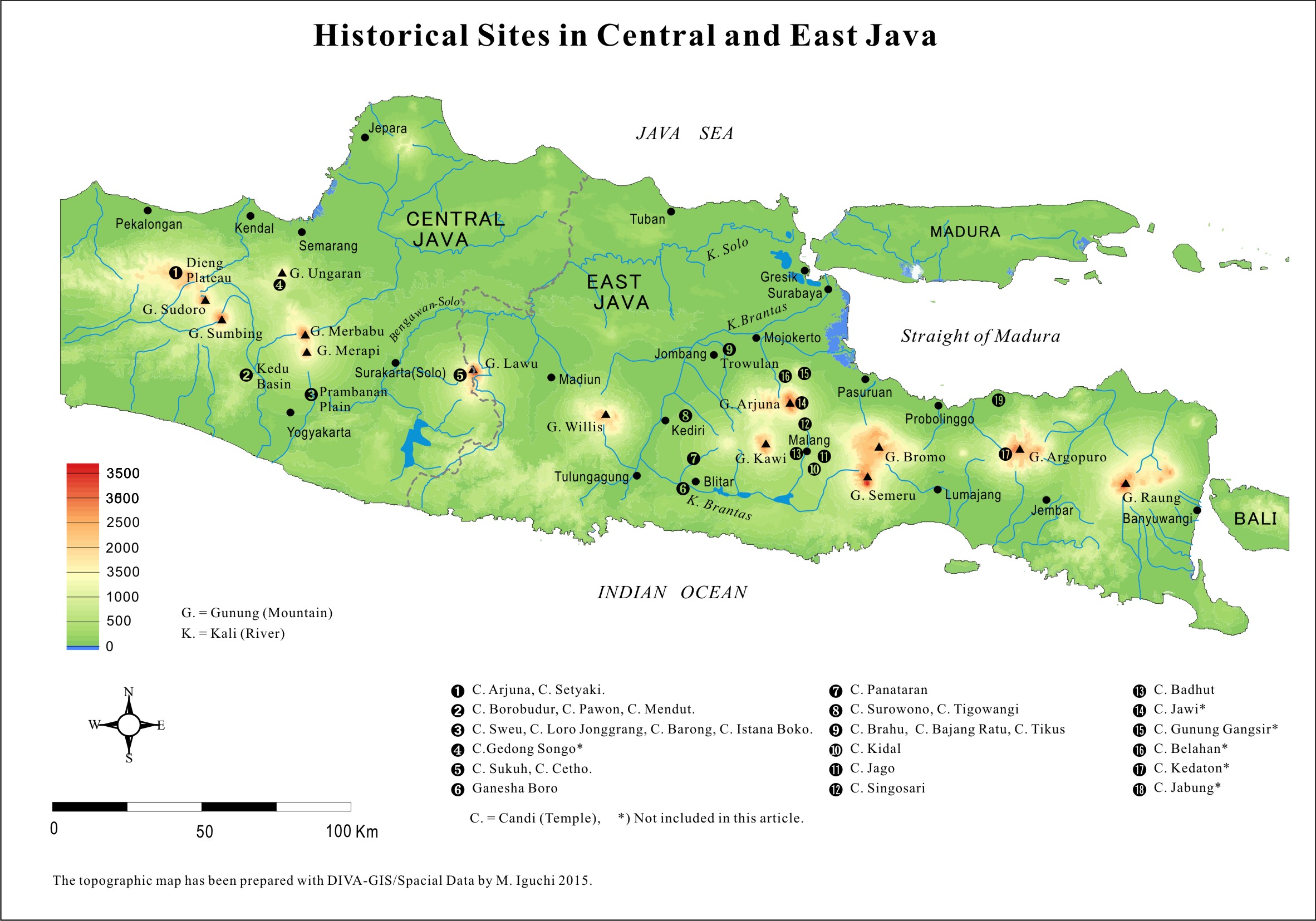 Historical sites in Central and East Java. Prepared with DIVA-GIS/Country Data/Indonesia  by M. Iguchi, February 2016