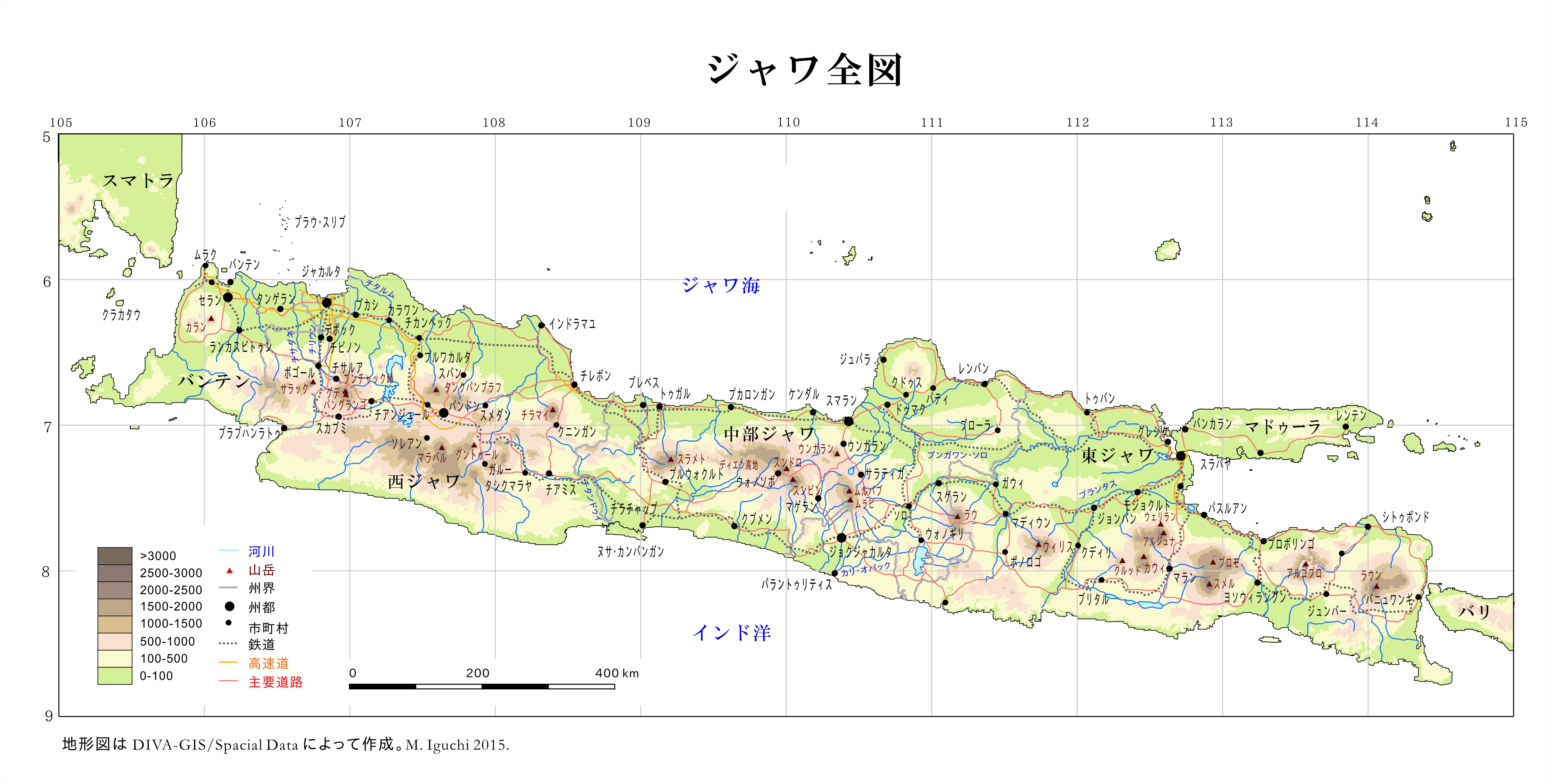 ジャワ全図。DIVA-GIS/Country Data/Indonesia によって作成。M. Iguchi, February 2016