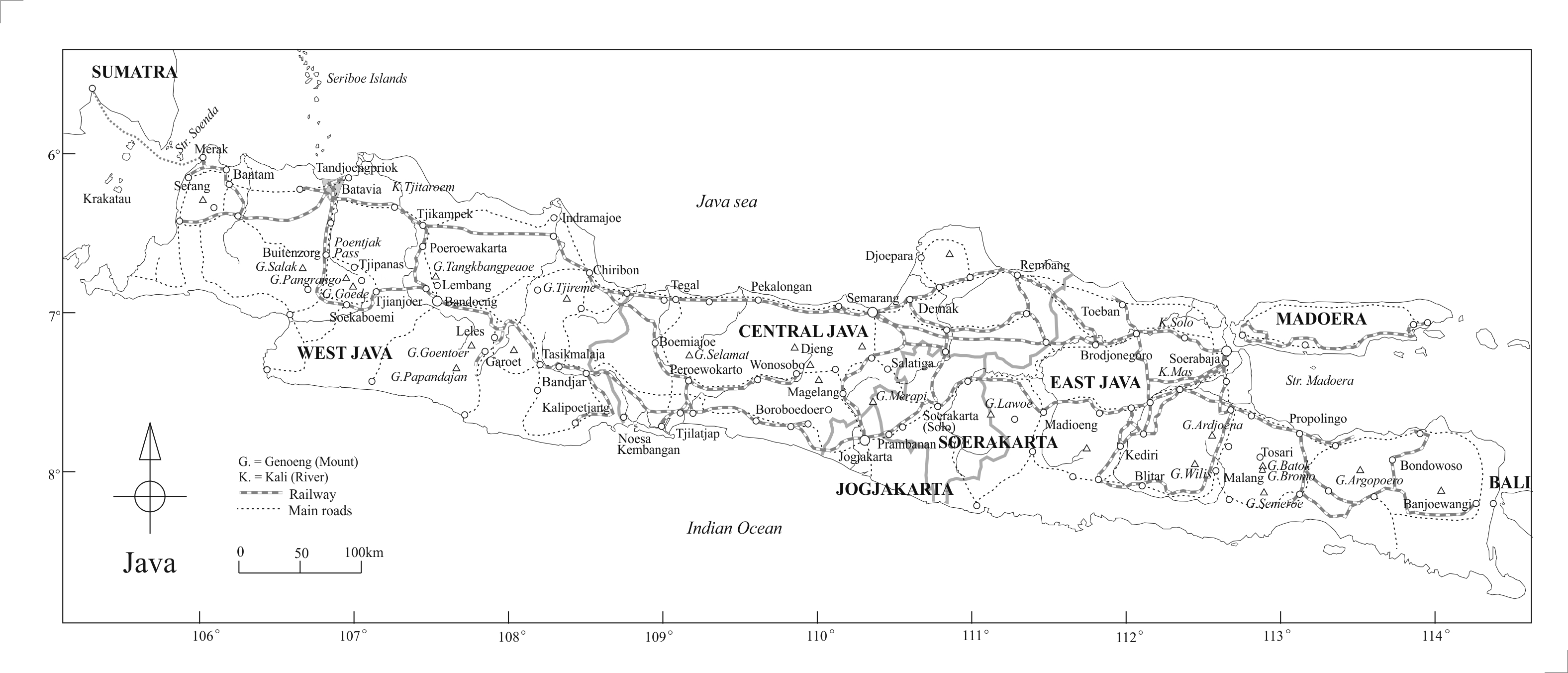Java map based on Knol, K. G. et al., Kaart en Tekst, eerste Atlas van Nederlandsch-Indie voor de Indishe Lagere School, Groningen-Batavia, 1938.