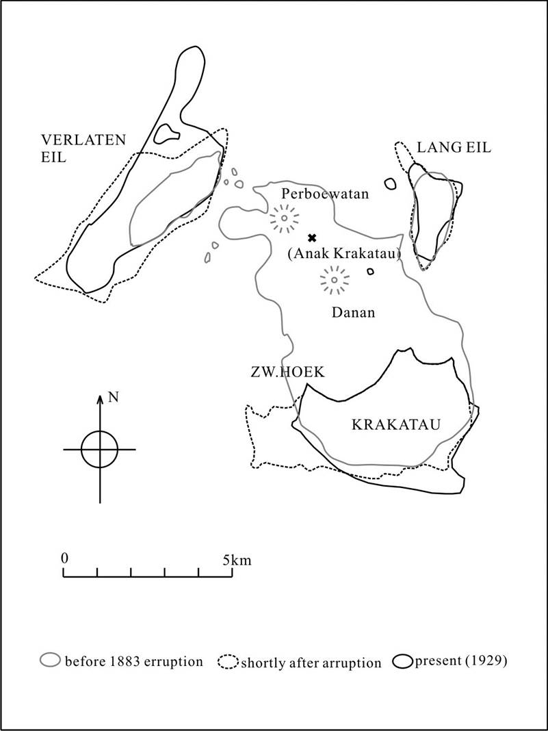 Krakatau map before and after the eruption. Reproduced from: Dammerman, K.W., Fourth Pacific Science Congress Java 1929 - Preservation of Wild Life and Nature Reserves in the Netherlands Indies
