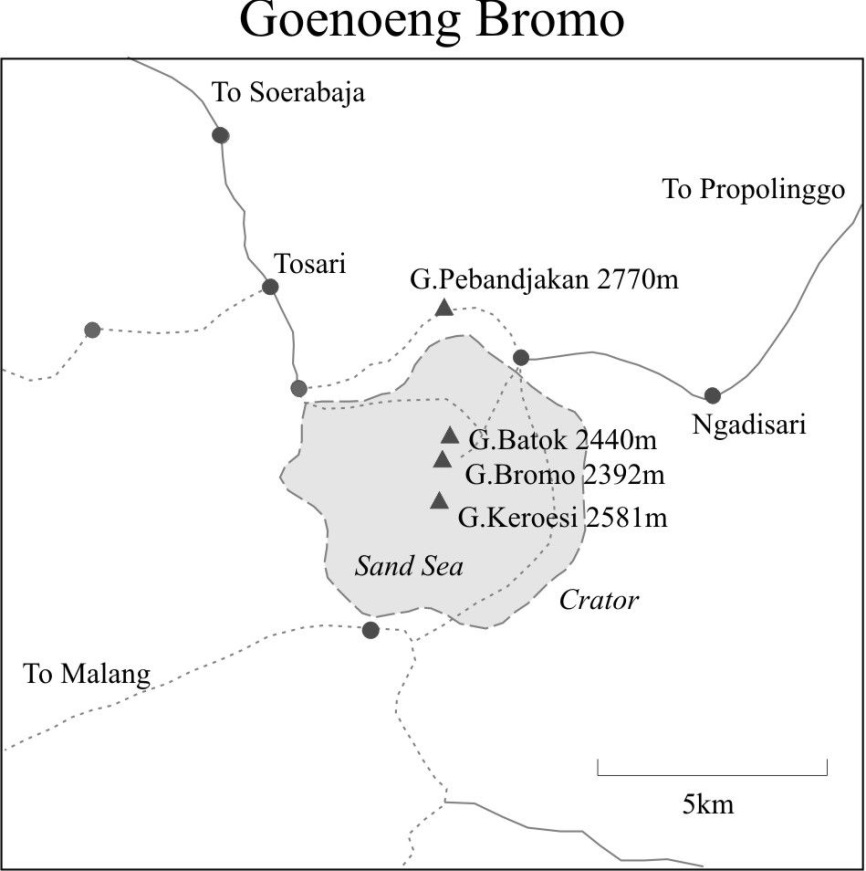 Map of Mt. Bromo. Reproduced from: Dalton, Bill, Indonesia Handbook 4th Ed., Moon Publ. Chicago 1988