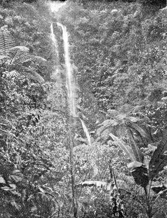 Three waterfalls, Tjibodas, Tjibeureum, and Tjikoendoel (The Official Tourist Bureau Weltevreden, Come to Java - 3rd Edition 1926-27, G. Kolff, Batavia)