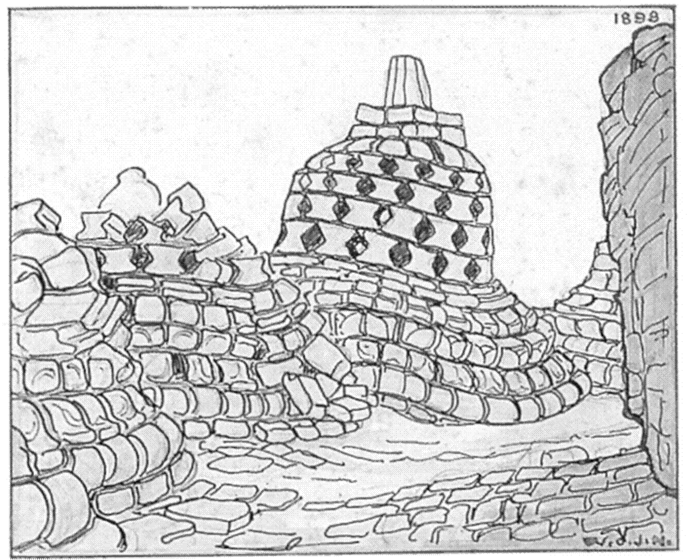A sketch of stupas at Boroboedoer Temple 1898, by W.O.J. Nieuwnkamp (This photograph is new, replaced. Carpenter, Bruce W., W. O. J.Nieuwenkamp, First European artist in Bali, PeriPlus Editions (HK) Ltd, Singapore 1997)