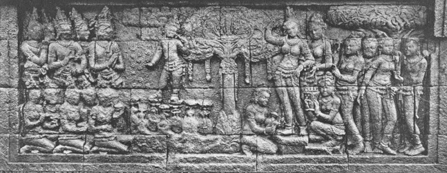 A relief of Boroboedoer depicting the birth of Prince Siddhartha (Miura. H., Javanese Buddhist Remains - Boroboedoer, Boroboedoer Publishing Society, Tokyo 1925)