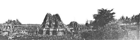 Groups of Tjandi in Prambanan undergoing restoration (Oota, S., Ancient Atrs in Java, Subun-do, Tokyo 1943)