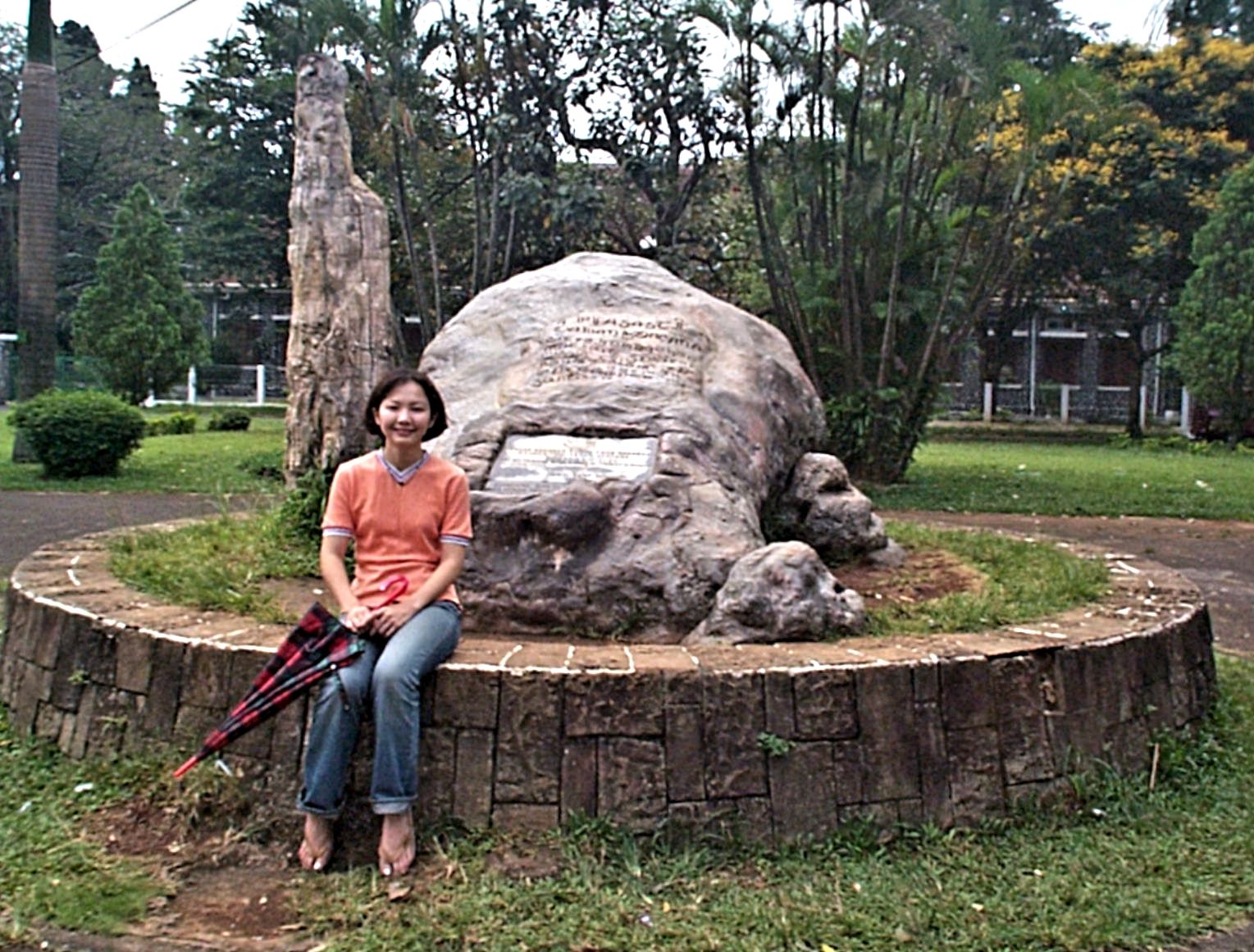 A replica of the "Stone inscription of Ciaruteun", a historical monument of Tarumanagara Era that had once existed in Kencana Park in Bogor. (999-05-30). It was Destroyed and replaced with a night light in 2000s by the hand of ignorant county authority. 嘗てボゴールのクンチャナ公園に存在したタルマ国時代のモニュメント「チアルトゥンの石碑」のレプリカ。2000年代初め無体な県当局の手によって破壊撤去され，常夜灯に置き換えられた。