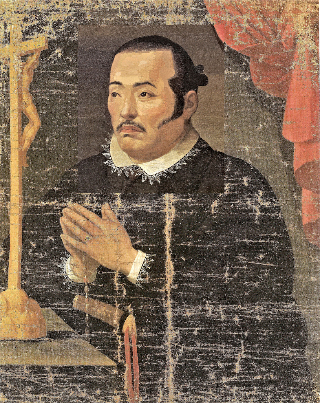 Tsunenaga Rokuyemon Hasekura in Prayer, painted in Madrid in 1610s. His lord, Masamune Date of Sendai Clan, appointed Tsunenaga to lead the so-called Keicho Embassy to Europe for negotiating direct trade with Spain. The journey started in1613 and took seven years both ways ended in vain, as the Shogunate government issued the edict to prohibit the visit of Spanish and Portuguese. (Image from: Pictorial Record of National Treasure: Material related to the Keicho Mission to Europe, Sendai City Museum 2003. Defects around the face manually fixed on Corel PhotoShop).