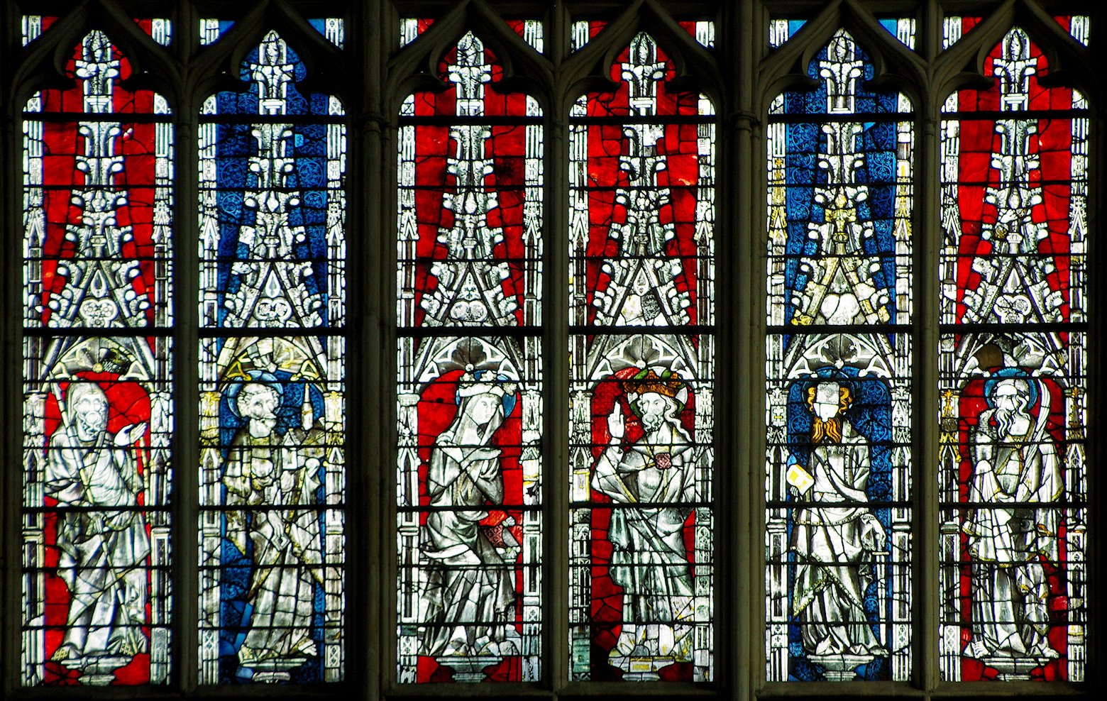 The central panel in the third tier from the top in the window which depicted the characters in the Coronation of the Virgin, with enthroned Mary and Jesus in the middle flanked by four important apostles., St. Thomas and St. Peter on the left and St. Paul and St. John on the right (19/05/2014.)