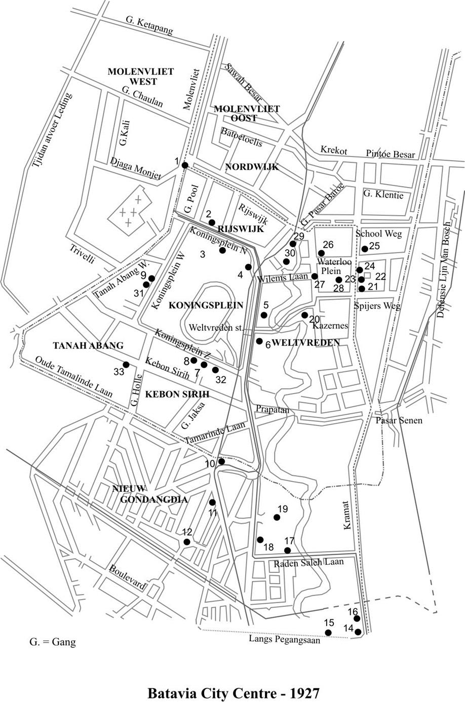Peta Batavia Pusat 1927. Digambar pada: Vries, J. J. De (ed.), Jaarboek van Batavia en omstreken 1927, Kolff, Batavia 1927.