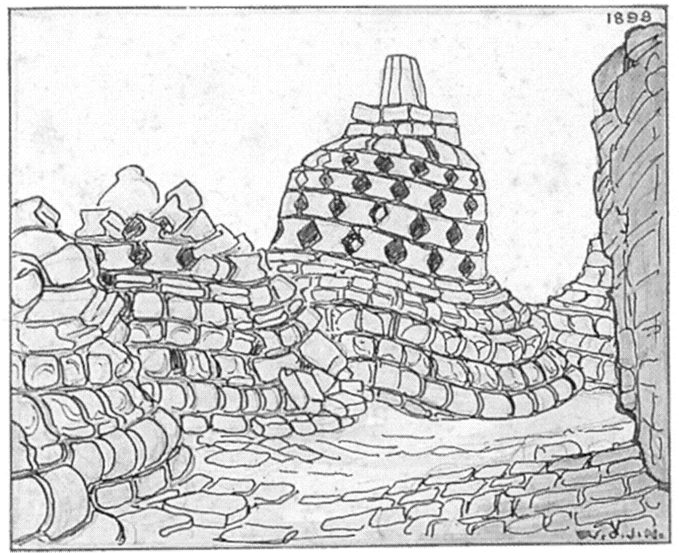 Sketsa stupa Boroboedoer di tahun 1898 oleh W.O.J. Nieuwnkamp. Gambar ini baru (diganti), dari Carpenter, Bruce W., W. O. J. Nieuwenkamp, First European artist in Bali, PeriPlus Editions (HK) Ltd, Singapore 1997.